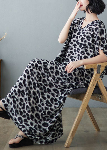 Italian Grey Leopard Print Oversized Linen Maxi Dress Summer Ly0893