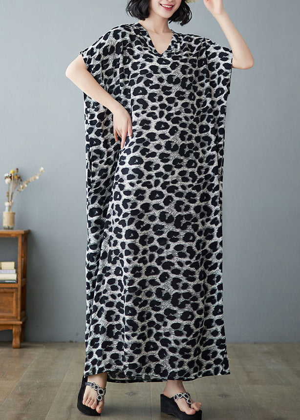 Italian Grey Leopard Print Oversized Linen Maxi Dress Summer Ly0893