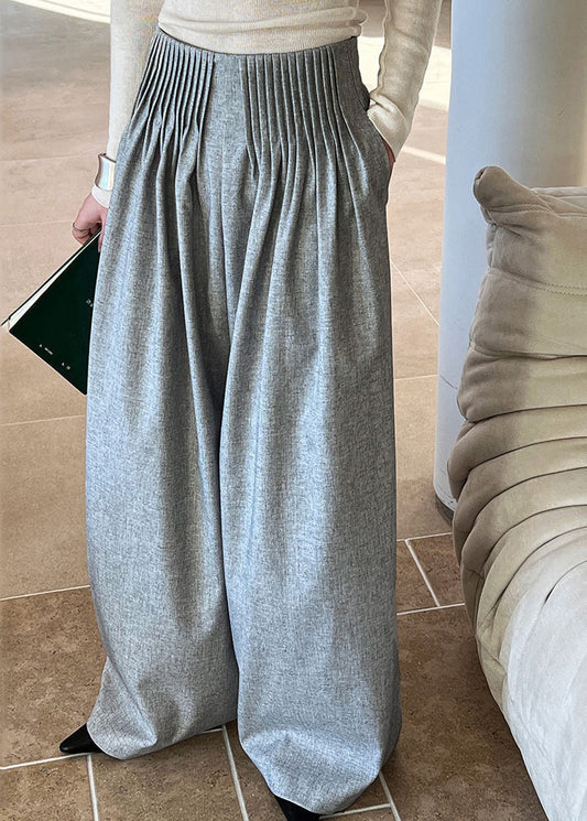 Italian Grey Pockets Wrinkled Wide Leg Pants Fall Qe066