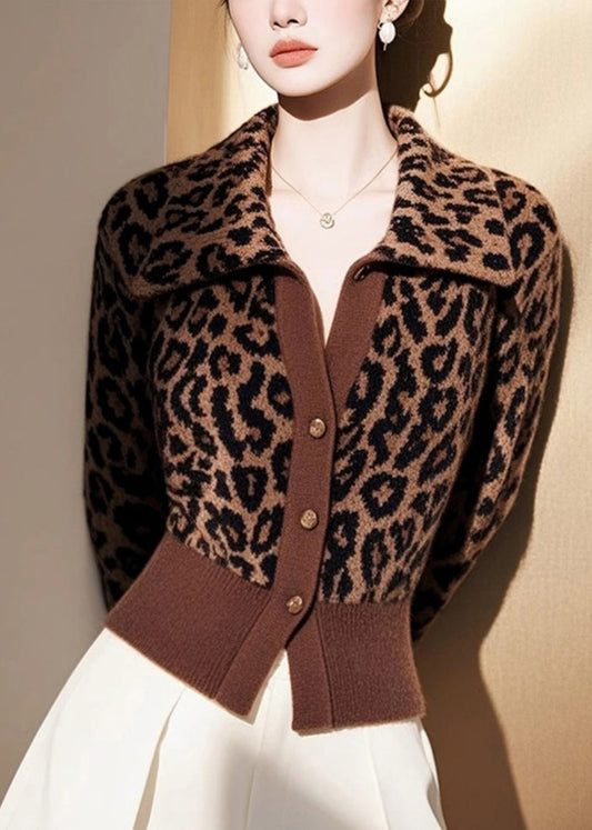Italian Leopard Peter Pan Collar Button Knit Cardigans Spring Yy034