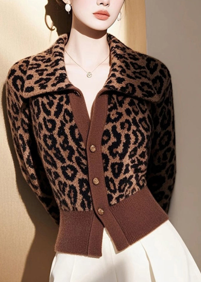 Italian Leopard Peter Pan Collar Button Knit Cardigans Spring Yy034