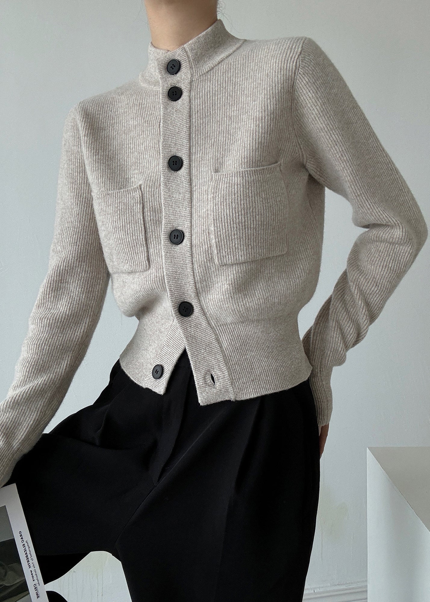 Italian Light Grey Stand Collar Button Wool Cardigans Spring Ty026