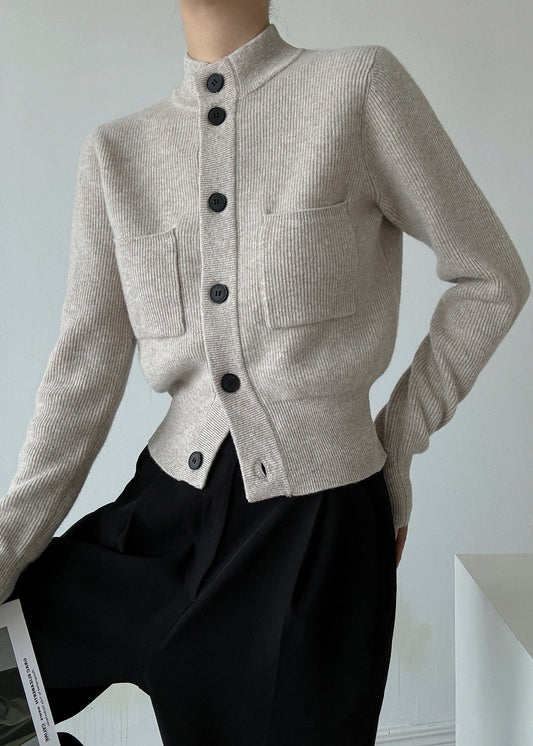 Italian Light Grey Stand Collar Button Wool Cardigans Spring Ty026