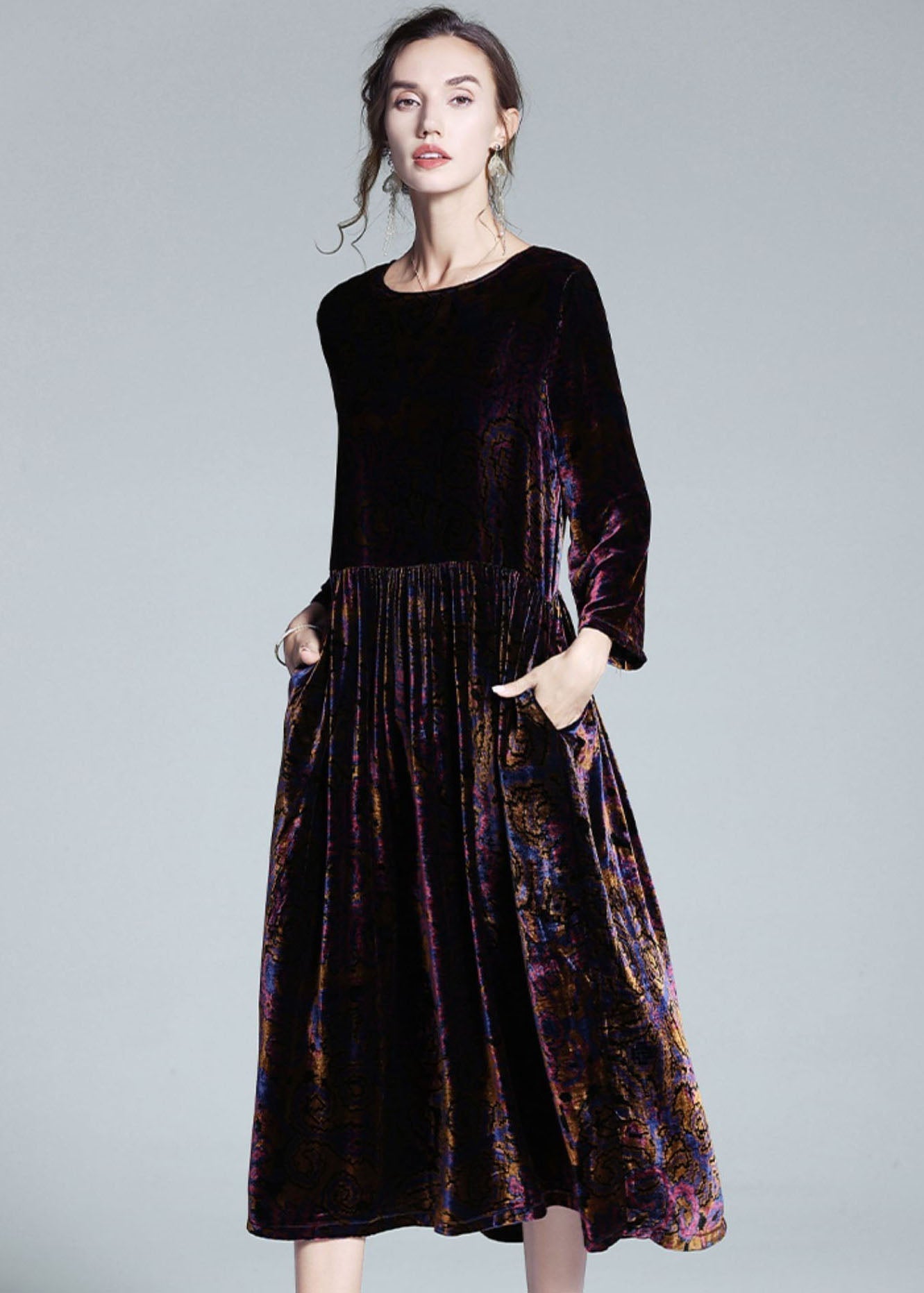 Italian Multi O Neck Patchwork Wrinkled Velour Long Dress Spring Ly1062
