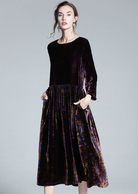 Italian Multi O Neck Patchwork Wrinkled Velour Long Dress Spring Ly1062