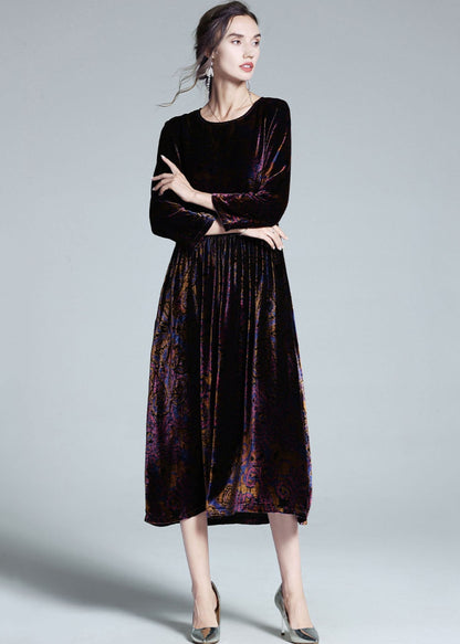 Italian Multi O Neck Patchwork Wrinkled Velour Long Dress Spring Ly1062