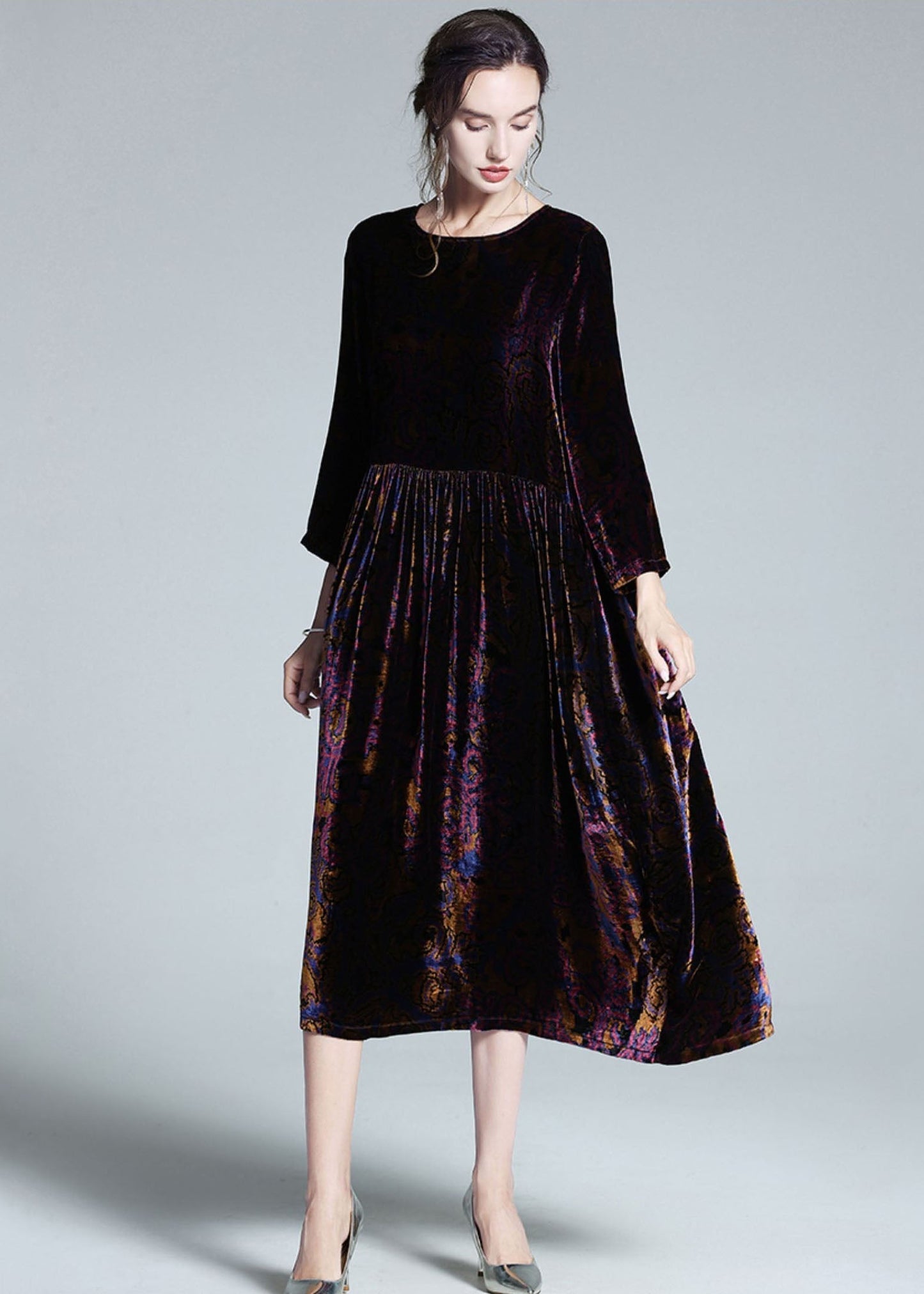 Italian Multi O Neck Patchwork Wrinkled Velour Long Dress Spring Ly1062