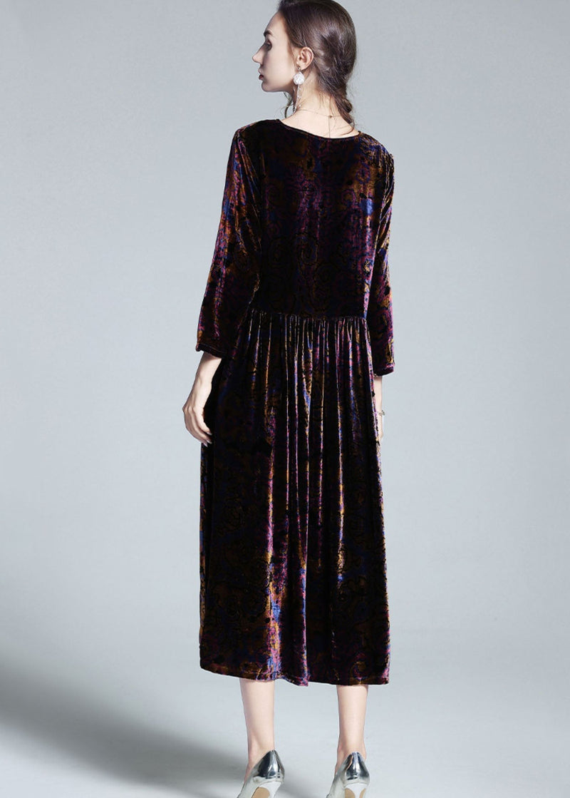 Italian Multi O Neck Patchwork Wrinkled Velour Long Dress Spring Ly1062