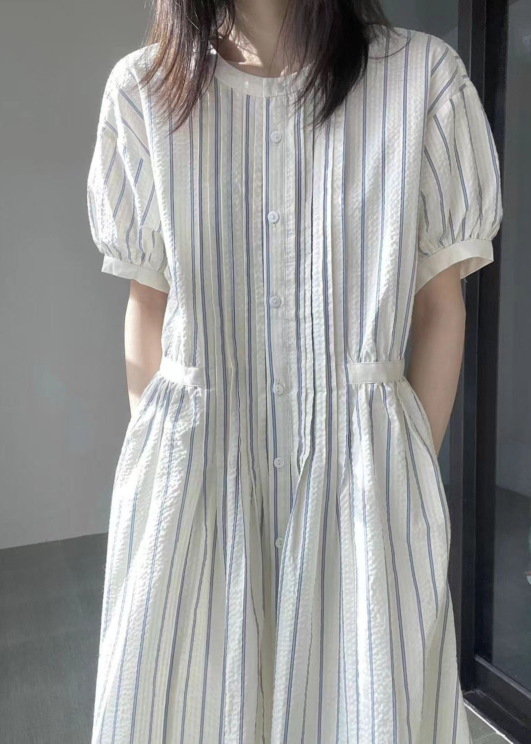 Italian O-neck Striped Cinched Patchwork Party Long Dress Short Sleeve Vb1048