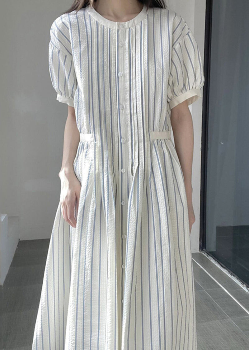 Italian O-neck Striped Cinched Patchwork Party Long Dress Short Sleeve Vb1048