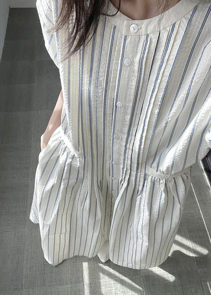 Italian O-neck Striped Cinched Patchwork Party Long Dress Short Sleeve Vb1048
