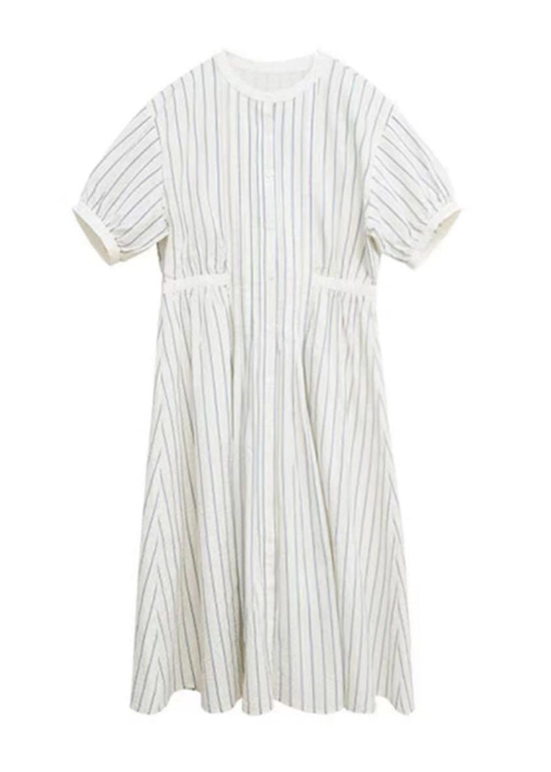 Italian O-neck Striped Cinched Patchwork Party Long Dress Short Sleeve Vb1048
