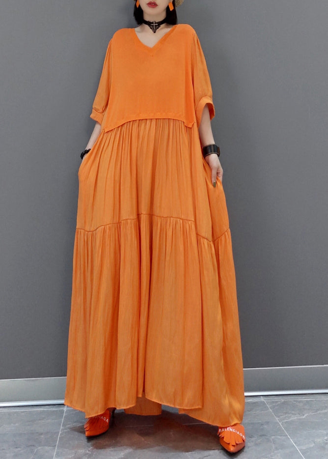 Italian Orange V Neck Patchwork Holiday Maxi Dress Summer Vb1002