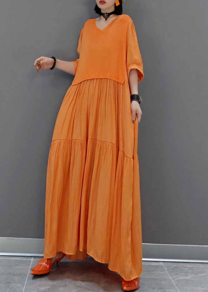 Italian Orange V Neck Patchwork Holiday Maxi Dress Summer Vb1002