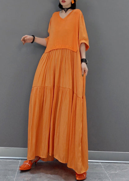 Italian Orange V Neck Patchwork Holiday Maxi Dress Summer Vb1002