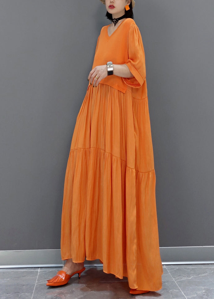 Italian Orange V Neck Patchwork Holiday Maxi Dress Summer Vb1002