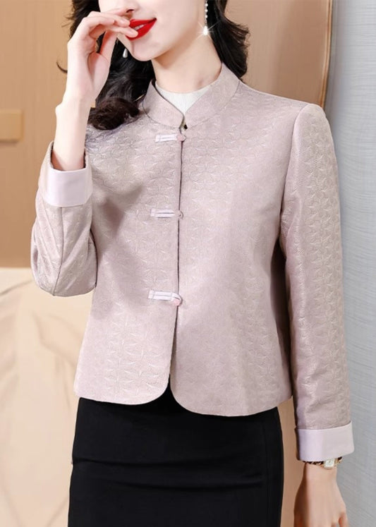 Italian Pink Stand Collar Print Button Silk Coat Fall Qo004