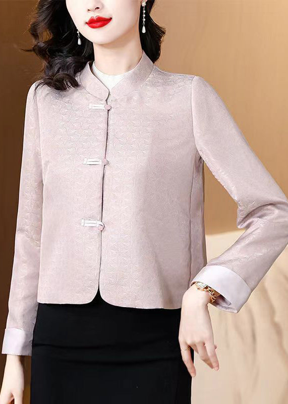 Italian Pink Stand Collar Print Button Silk Coat Fall Qo004