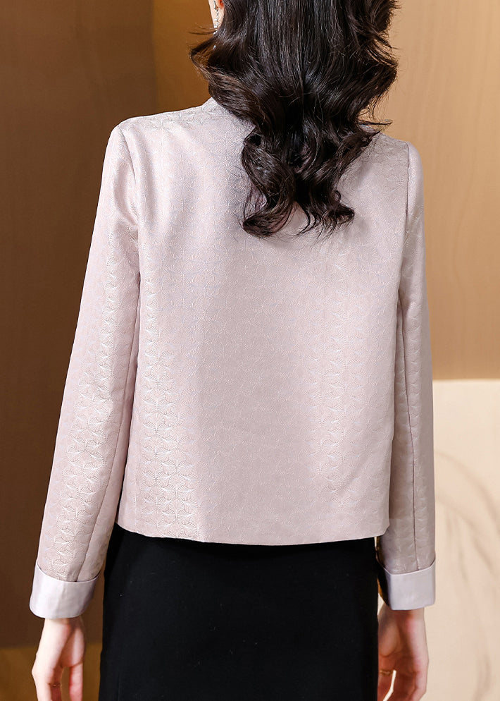 Italian Pink Stand Collar Print Button Silk Coat Fall Qo004