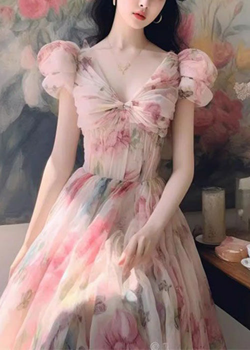 Italian Pink V Neck Print Chiffon Long Dresses Summer Xx069