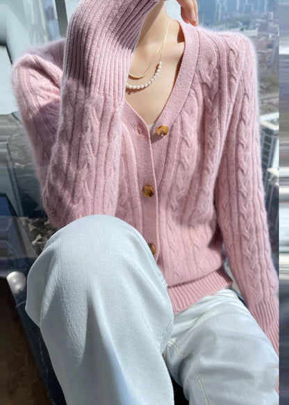 Italian Pink V Neck Cable Wool Knit Cardigans Fall Qp015