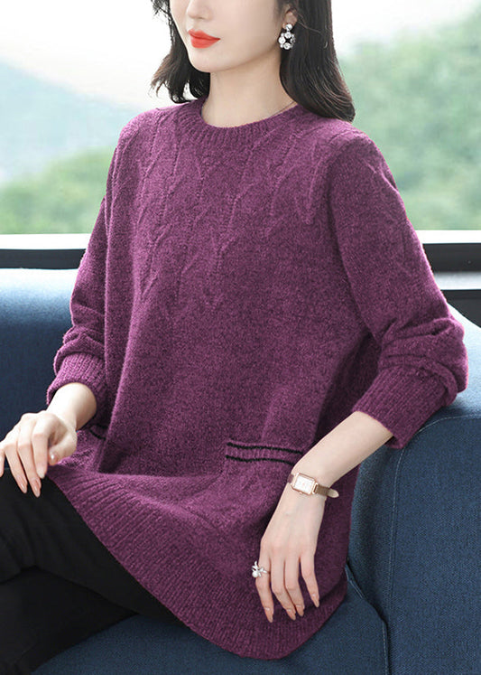 Italian Purple O Neck Pockets Thick Woolen Knit Sweaters Winter Rl035