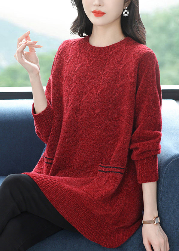 Italian Purple O Neck Pockets Thick Woolen Knit Sweaters Winter Rl035