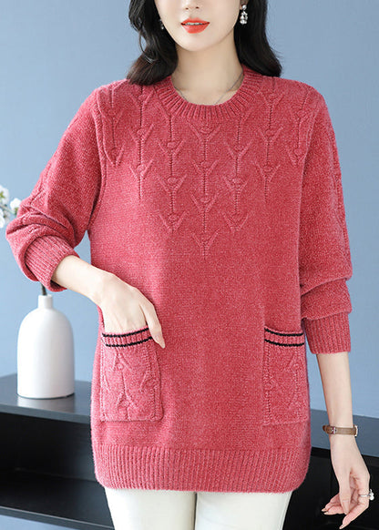 Italian Purple O Neck Pockets Thick Woolen Knit Sweaters Winter Rl035