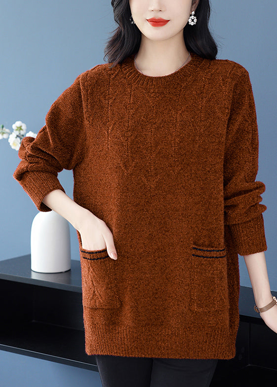 Italian Purple O Neck Pockets Thick Woolen Knit Sweaters Winter Rl035