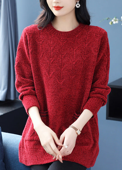 Italian Purple O Neck Pockets Thick Woolen Knit Sweaters Winter Rl035