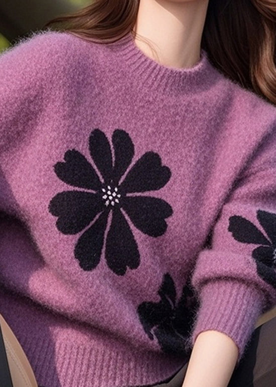 Italian Purple O Neck Thick Print Knit Sweater Tops Winter To001