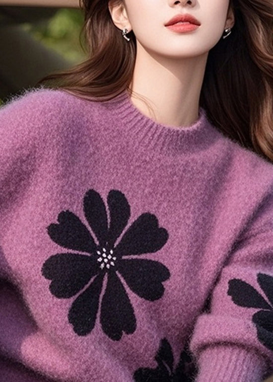 Italian Purple O Neck Thick Print Knit Sweater Tops Winter To001