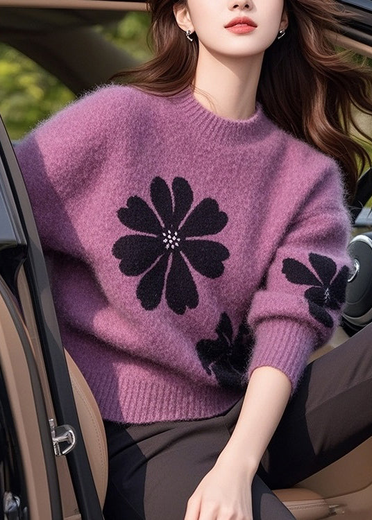 Italian Purple O Neck Thick Print Knit Sweater Tops Winter To001