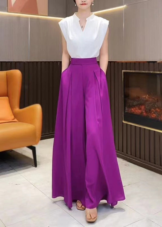 Italian Purple Pockets High Waist Chiffon Wide Leg Pants Summer Qq1044