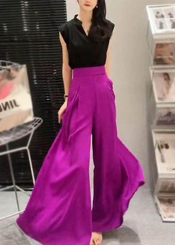 Italian Purple Pockets High Waist Chiffon Wide Leg Pants Summer Qq1044