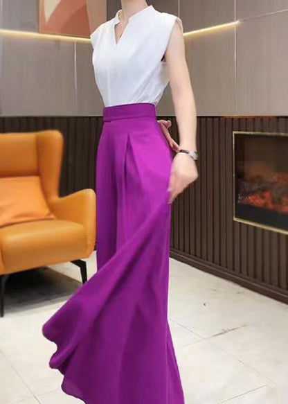 Italian Purple Pockets High Waist Chiffon Wide Leg Pants Summer Qq1044