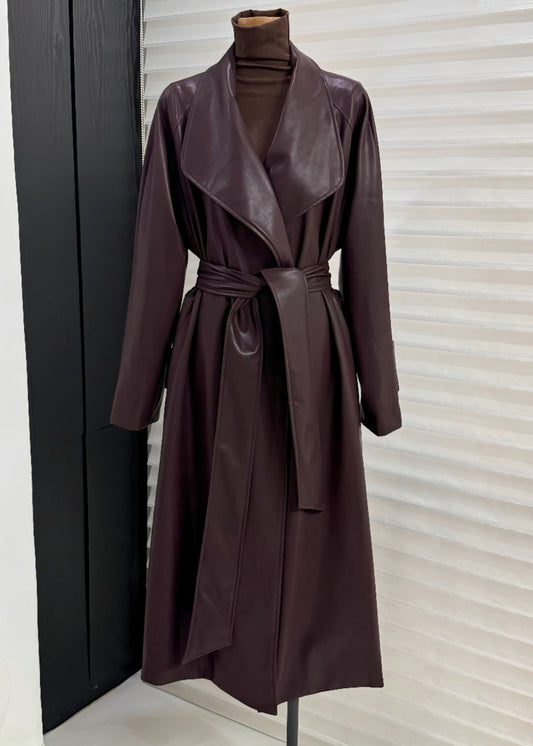 Italian Purple Red Peter Pan Collar Tie Waist Faux Leather Coats Winter Wl021