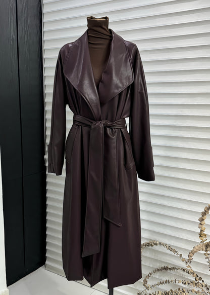 Italian Purple Red Peter Pan Collar Tie Waist Faux Leather Coats Winter Wl021