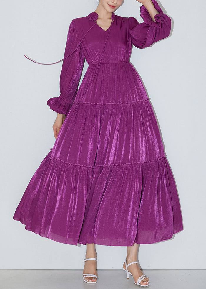 Italian Purple Ruffled Elastic Waist Silk Long Dresses Butterfly Sleeve Am1005