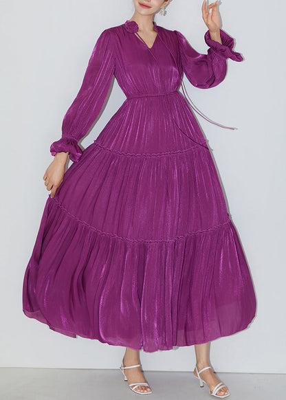 Italian Purple Ruffled Elastic Waist Silk Long Dresses Butterfly Sleeve Am1005