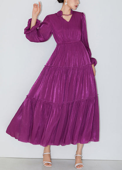 Italian Purple Ruffled Elastic Waist Silk Long Dresses Butterfly Sleeve Am1005