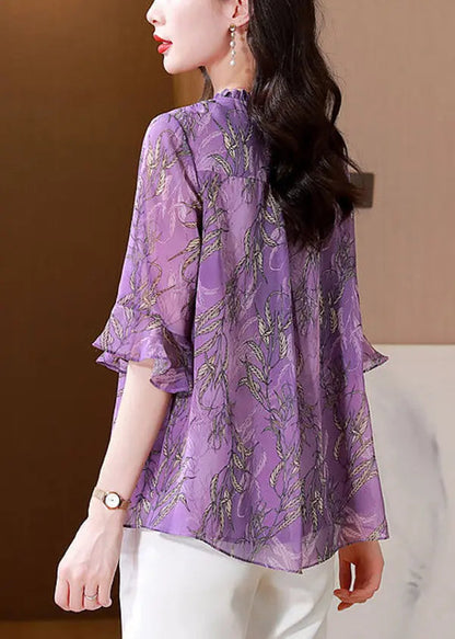 Italian Purple Ruffled Print Chiffon Blouses Summer Ha1055