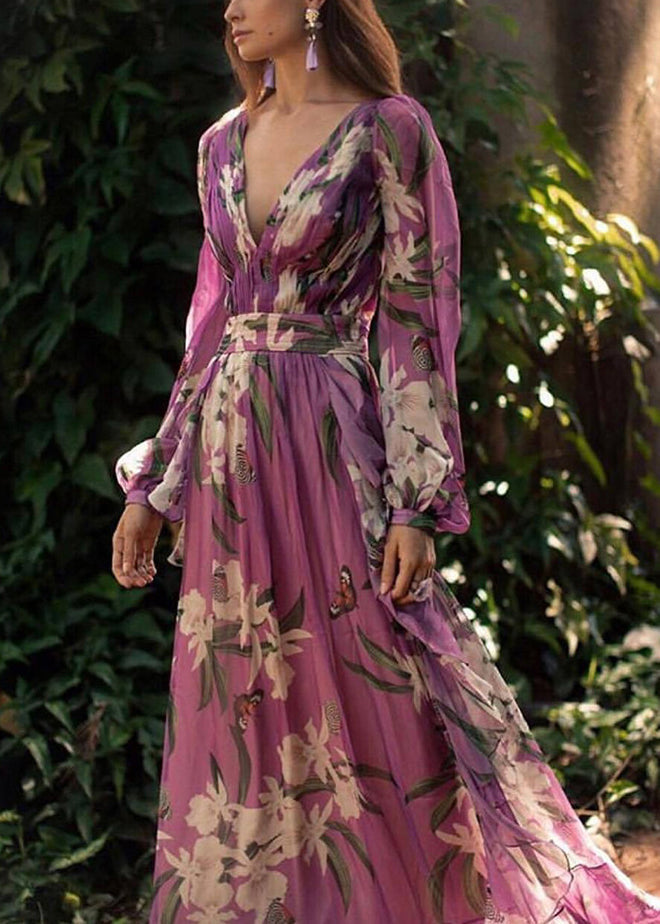 Italian Purple V Neck Print Chiffon Maxi Dresses Long Sleeve Ww1047