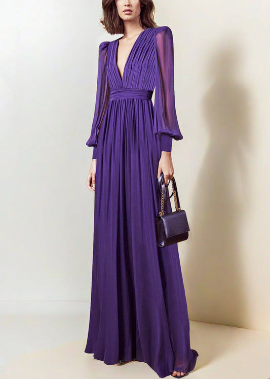 Italian Purple V Neck Wrinkled Chiffon Maxi Dresses Fall Qr042