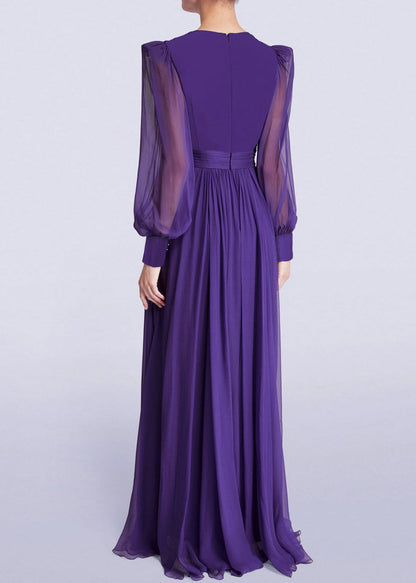 Italian Purple V Neck Wrinkled Chiffon Maxi Dresses Fall Qr042