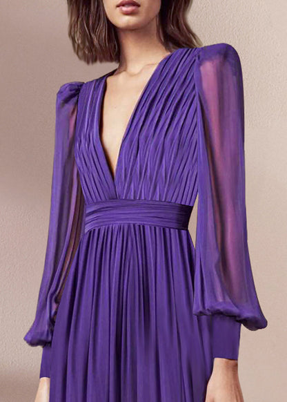 Italian Purple V Neck Wrinkled Chiffon Maxi Dresses Fall Qr042