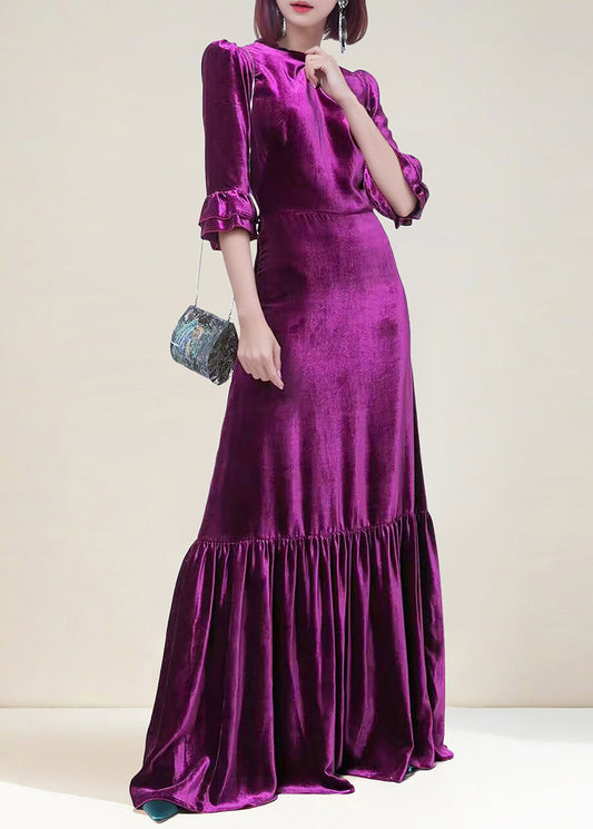 Italian Purple Zippered Wrinkled Velour Long Dress Butterfly Sleeve Am1036