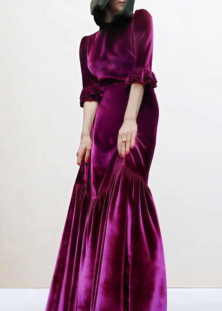 Italian Purple Zippered Wrinkled Velour Long Dress Butterfly Sleeve Am1036