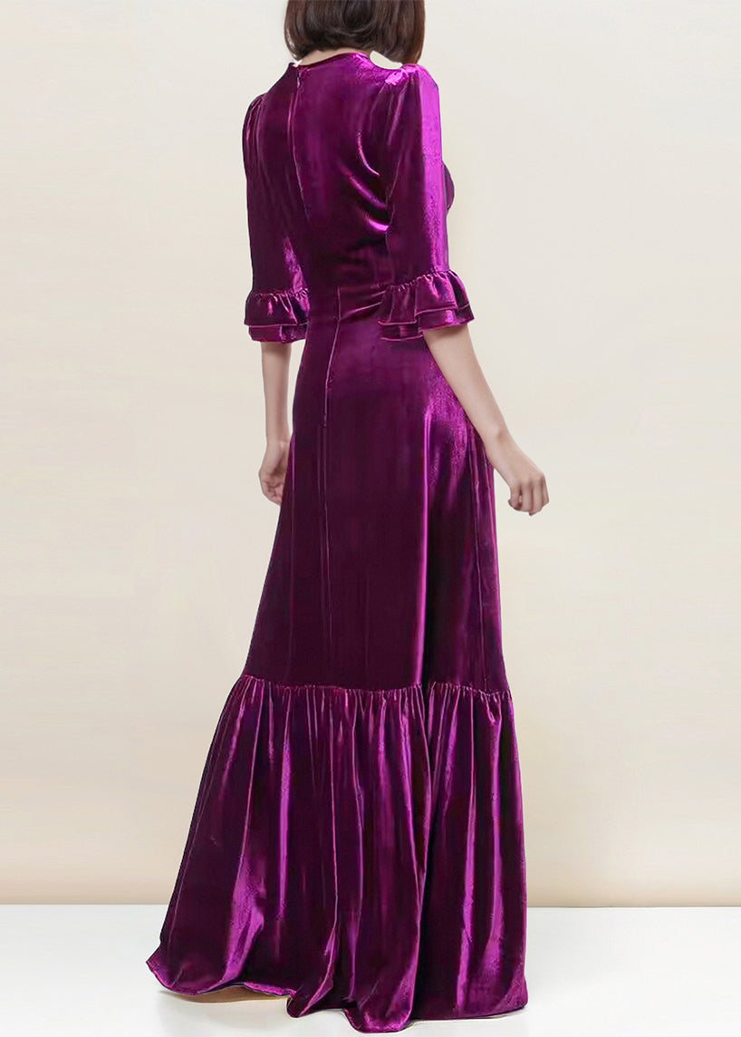 Italian Purple Zippered Wrinkled Velour Long Dress Butterfly Sleeve Am1036
