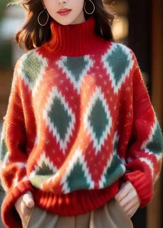 Italian Red Hign Neck Geometric Print Woolen Short Sweater Spring Yy020